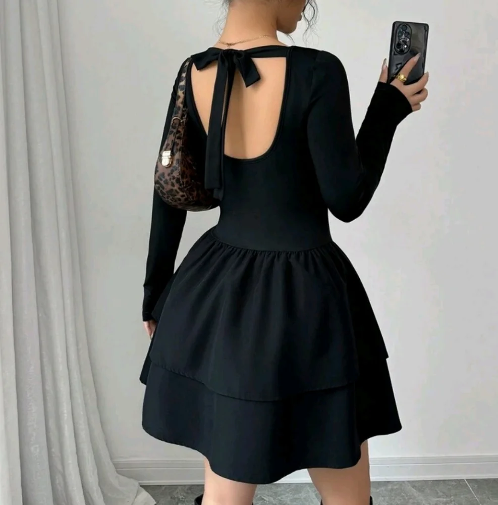 Women Casual Versatile Elastic Knit Backless Bow-Tie Blouse With Layered Skirt - Picture 2 of 3